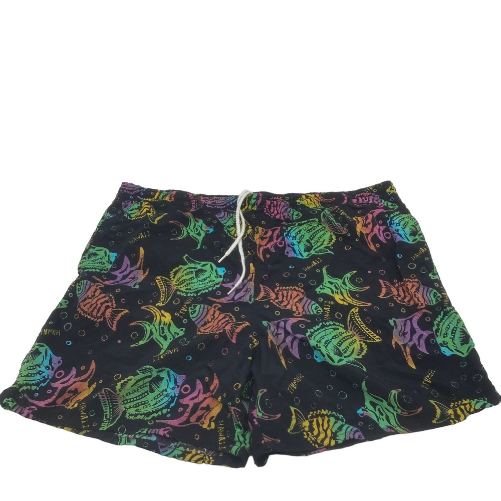 Vintage Sea Waves Swim Shorts Black w/ Rainbow Fish Hawaii Spellout Pattern